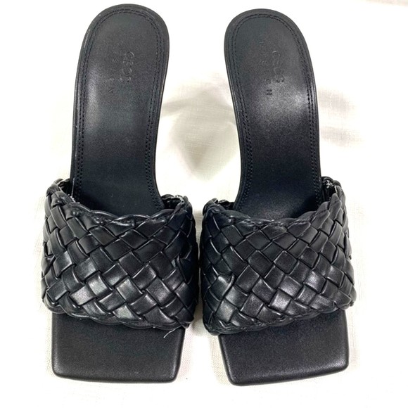 ASOS Basket Weave Peep Square Toe Black Slip On Mule Sandal Heel Size 7- New - Picture 2 of 8